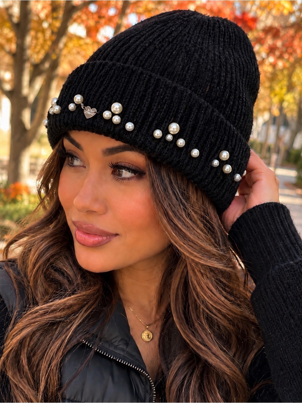 Betsey Johnson Black Faux Pearl Embellished Knit Beanie NWT